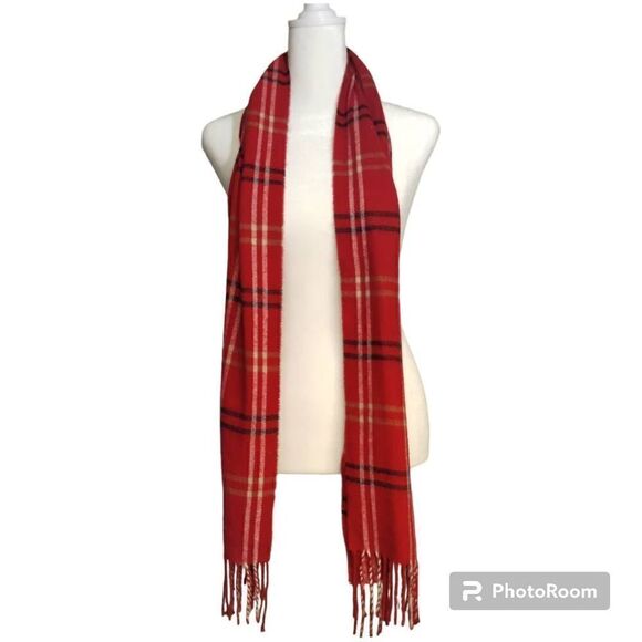 Cejon Red Plaid Fringed Scarf Made in Italy - Picture 3 of 6